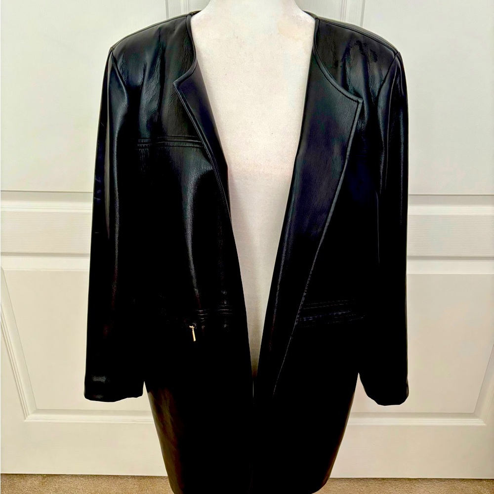 Black Faux Leather Open Blazer Jacket - Women